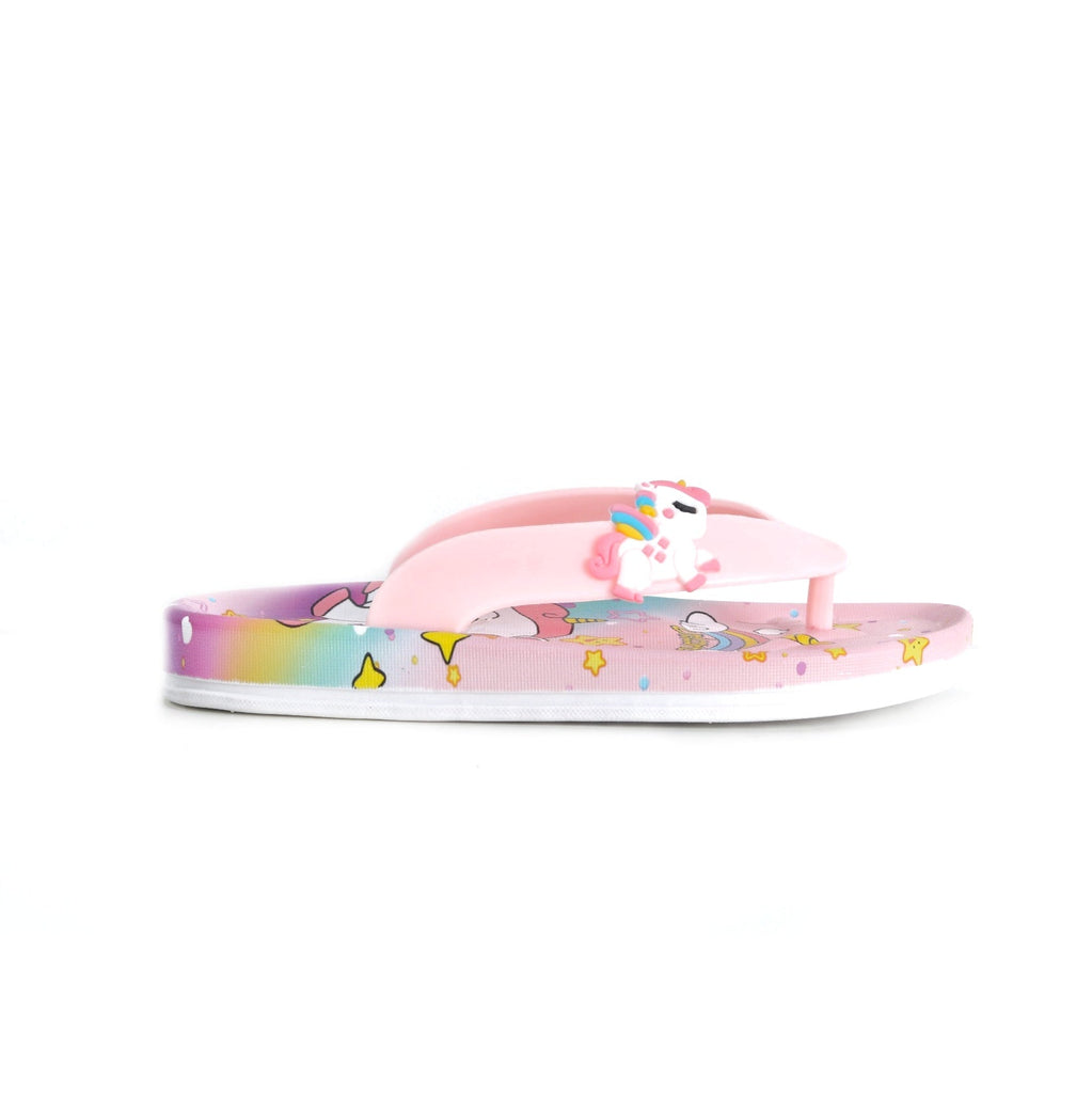Side view of pink unicorn thong flip-flop, showcasing the comfortable strap and magical print
