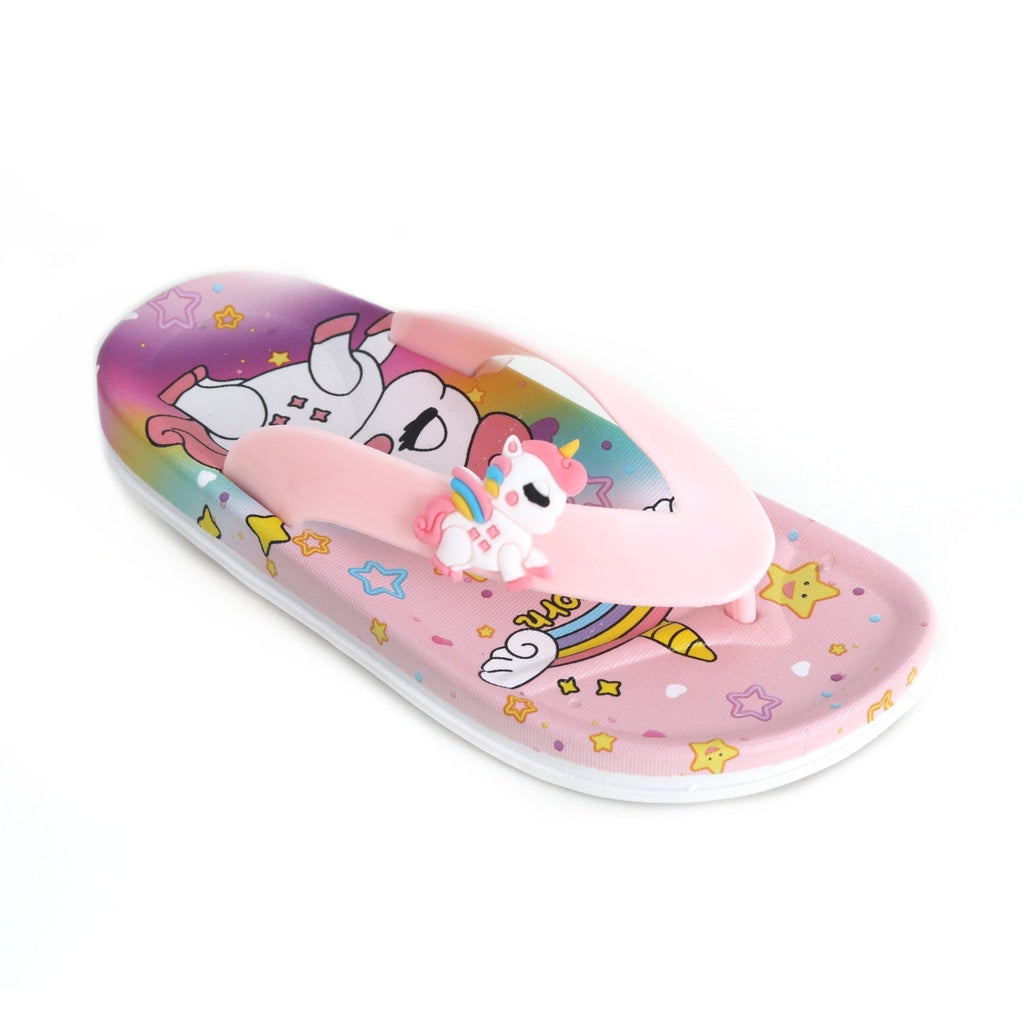 Single enchanted pink unicorn flip-flop angled to show the playful design.