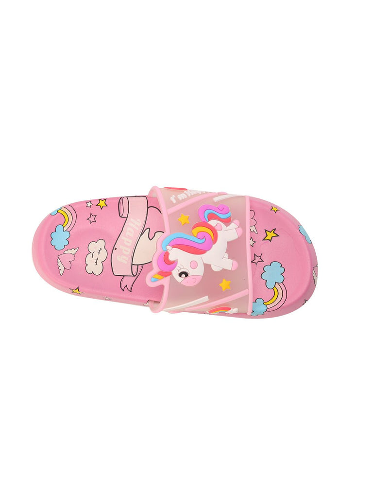 Rear View of Pink Unicorn Slides Showcasing Comfortable Textured Insole