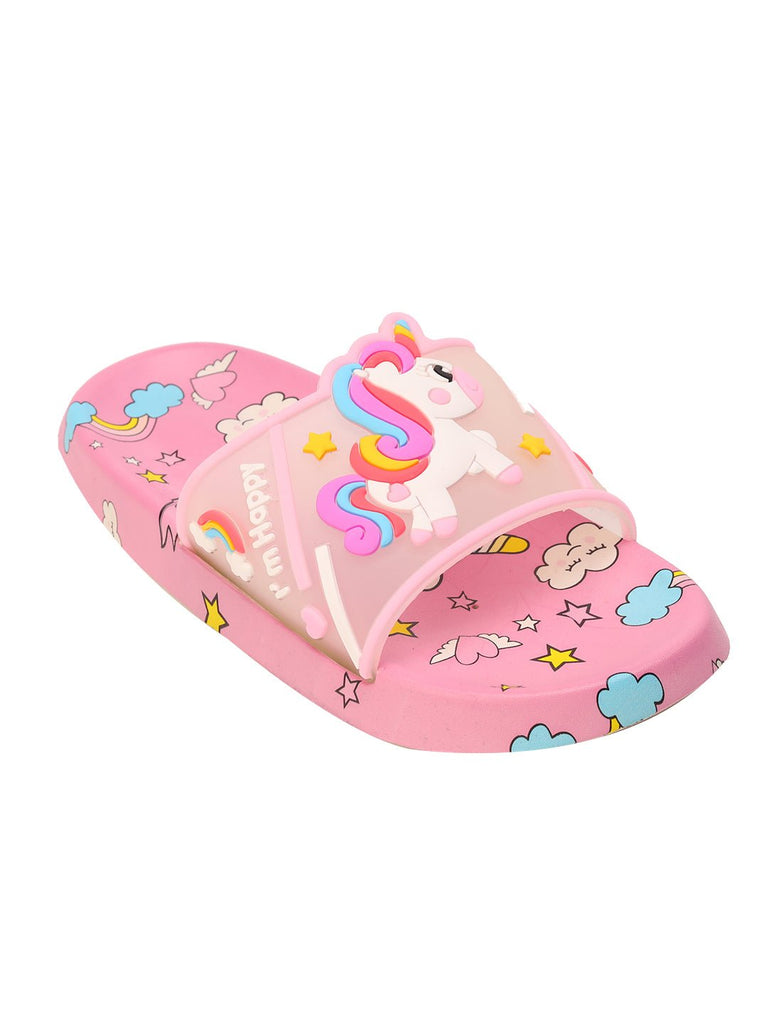 Child's Pink Unicorn Slide with Transparent Strap on White Background