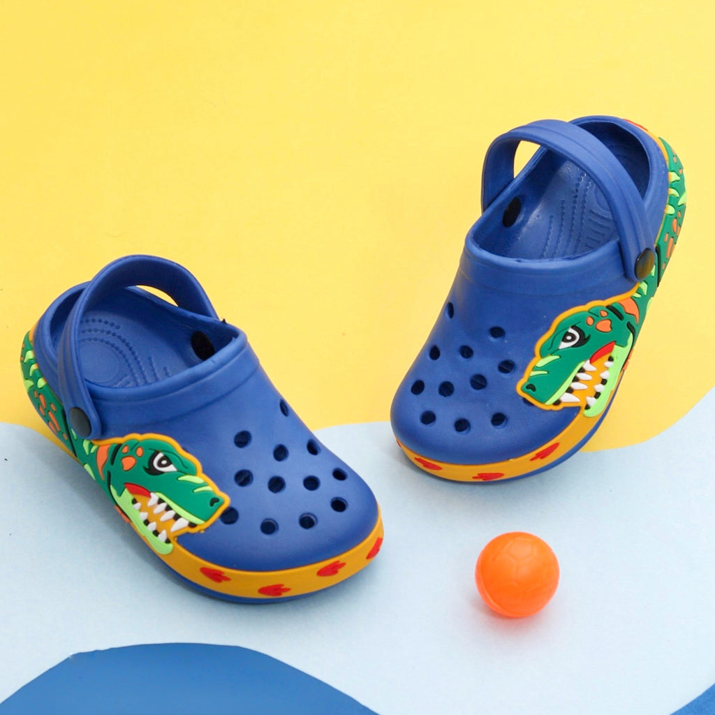 Kids' Blue Clogs with Colorful Dinosaur Design