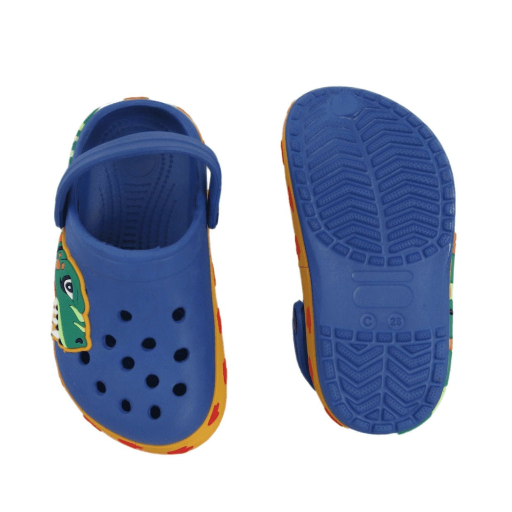 Top and Sole View of Blue Dino Clogs for Kids Showcasing Comfort and Grip