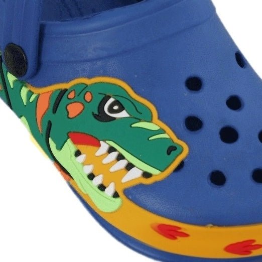 Close-up of the Side of Blue Dino Clogs Featuring Vibrant Dinosaur Detail