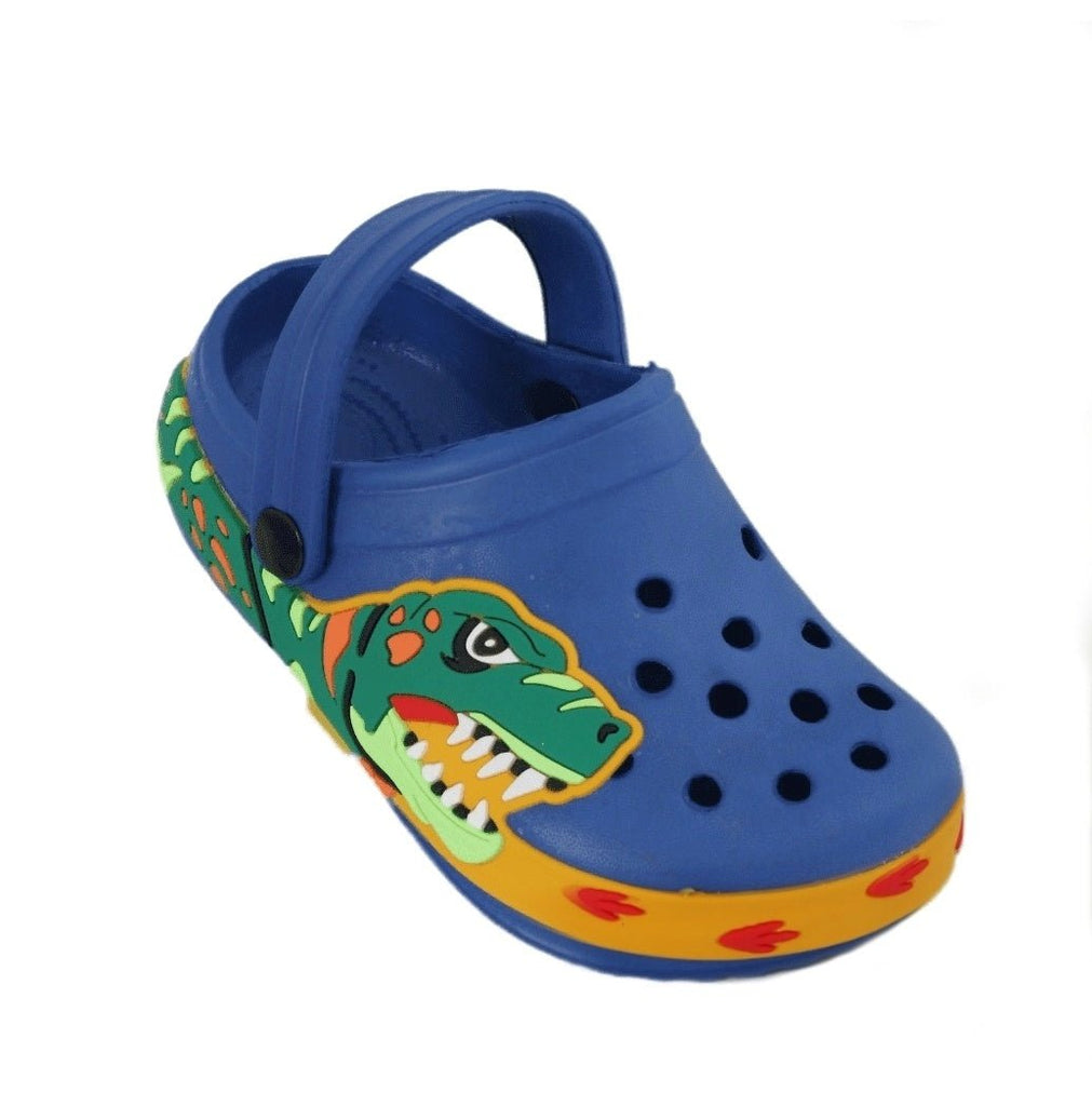 Side Perspective of Blue Dino Clogs Highlighting the Durable Strap