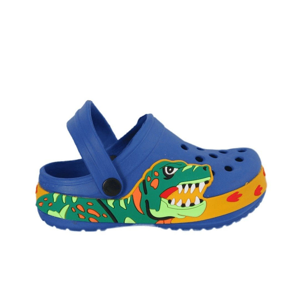 Side Perspective of Blue Dino Clogs Highlighting the Durable Strap