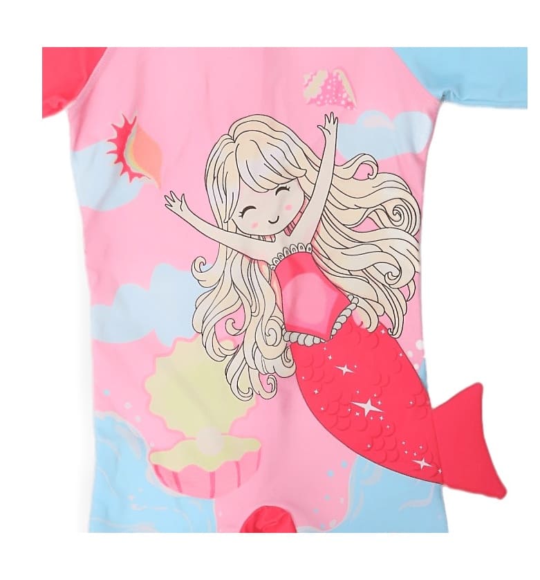 Close-up of the mermaid print detail on Yellow Bee's half sleeves swimsuit for girls