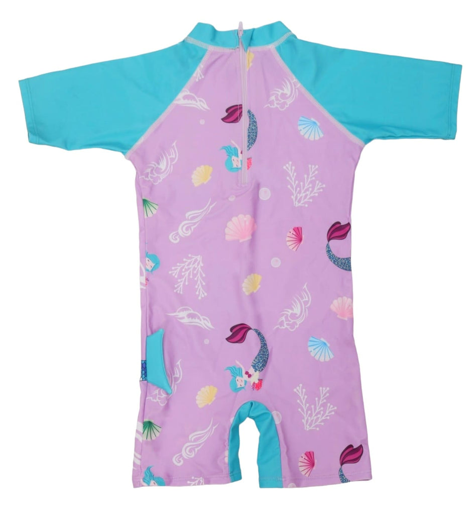 Adorable half sleeves mermaid swimsuit for girls by Yellow Bee with a pink sea creature pattern