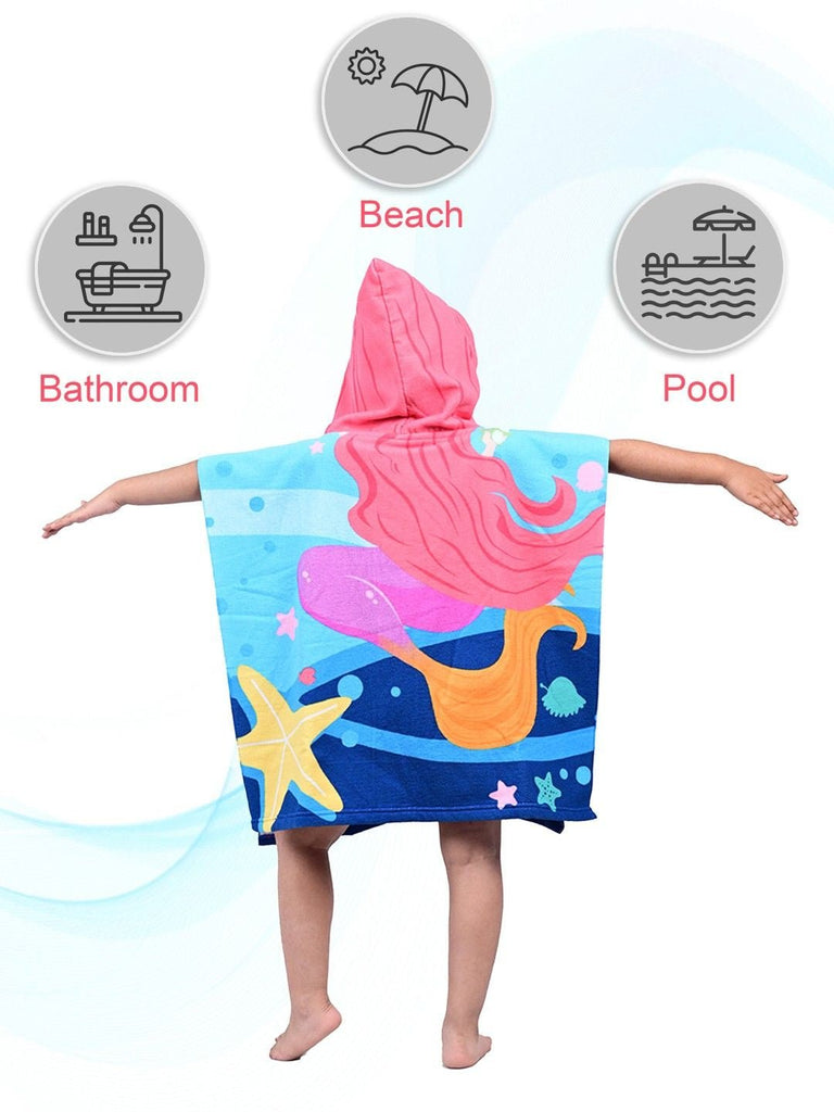 Yellow Bee mermaid hooded poncho towel displayed for beach, bathroom, and pool use