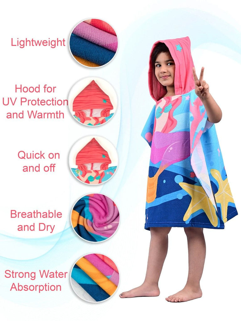 Close-up features of the Yellow Bee mermaid hooded poncho towel for girls