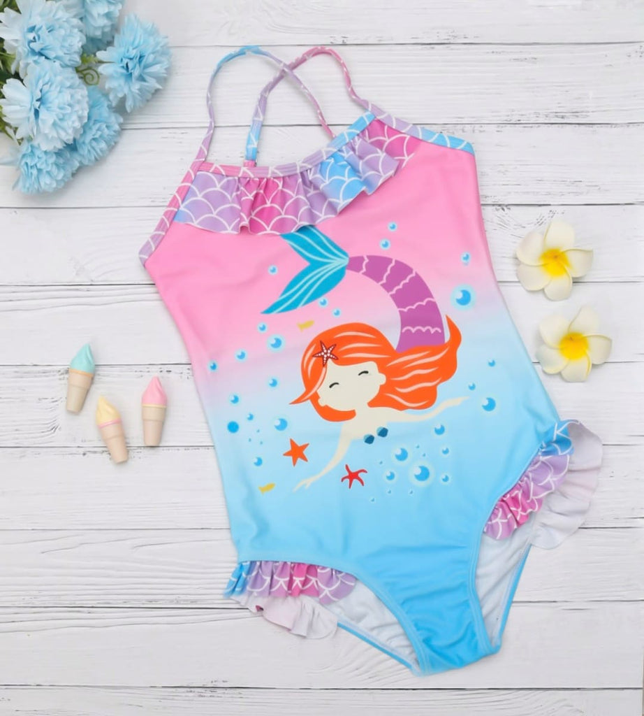 Child's mermaid one-piece swimsuit with ruffles  By Yellow Bee
