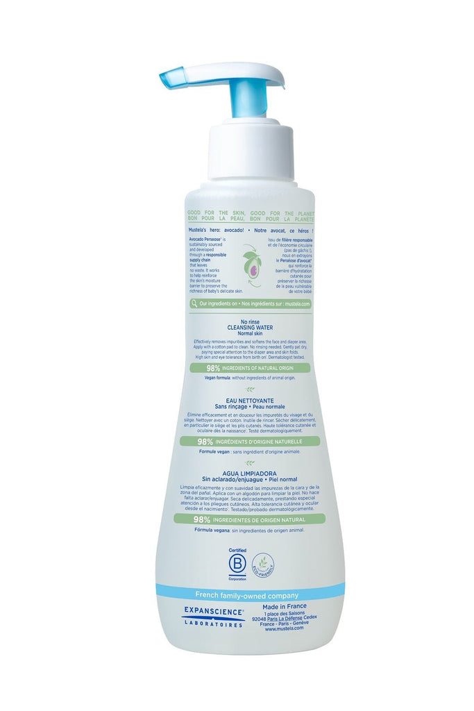 Back View of Mustela Baby Cleansing Water Bottle with Ingredients List