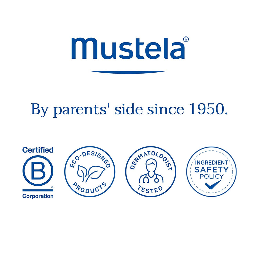 Mustela brand logo with certifications and dermatologist tested seal.