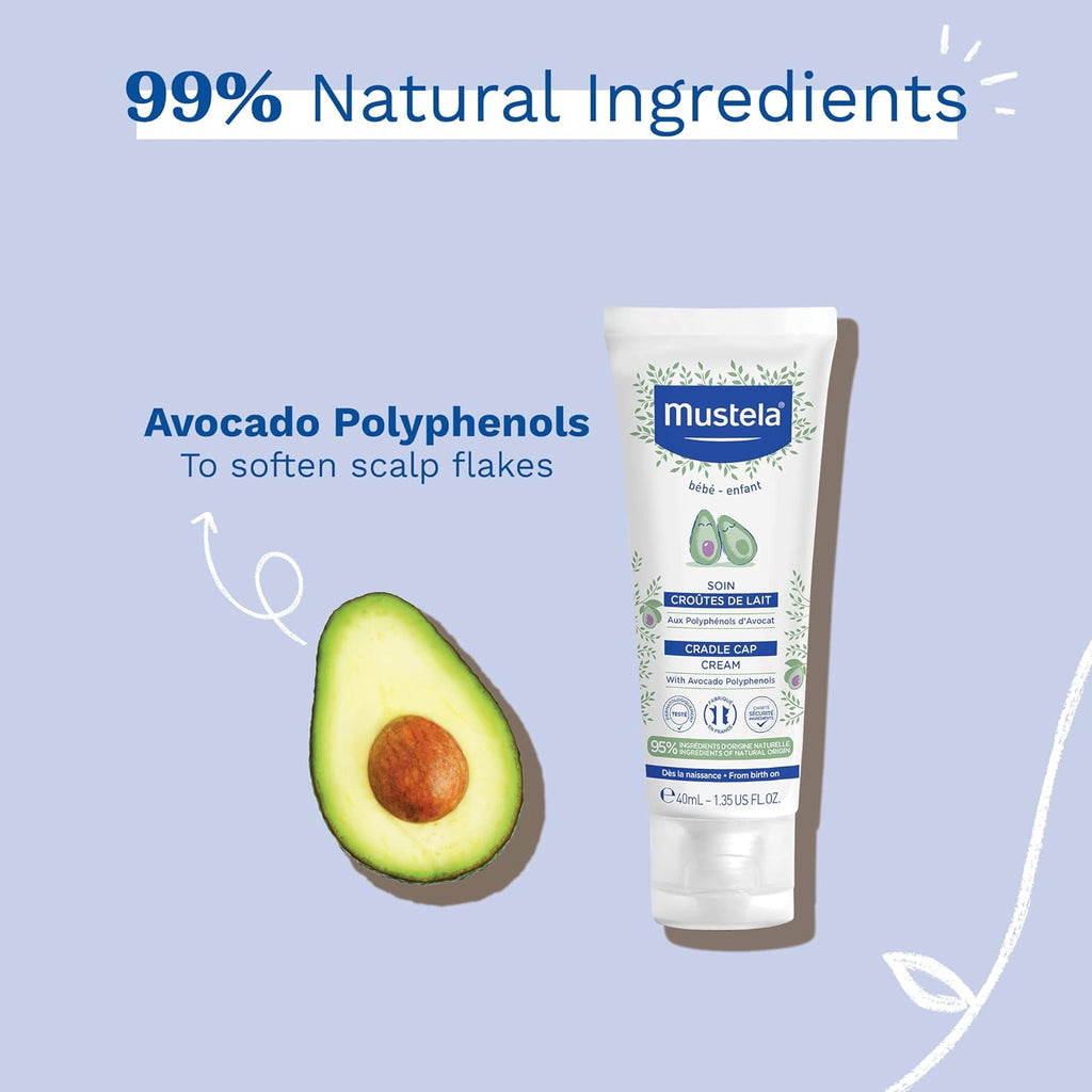 Informative graphic highlighting the 99% natural ingredients in Mustela Cradle Cap Cream.