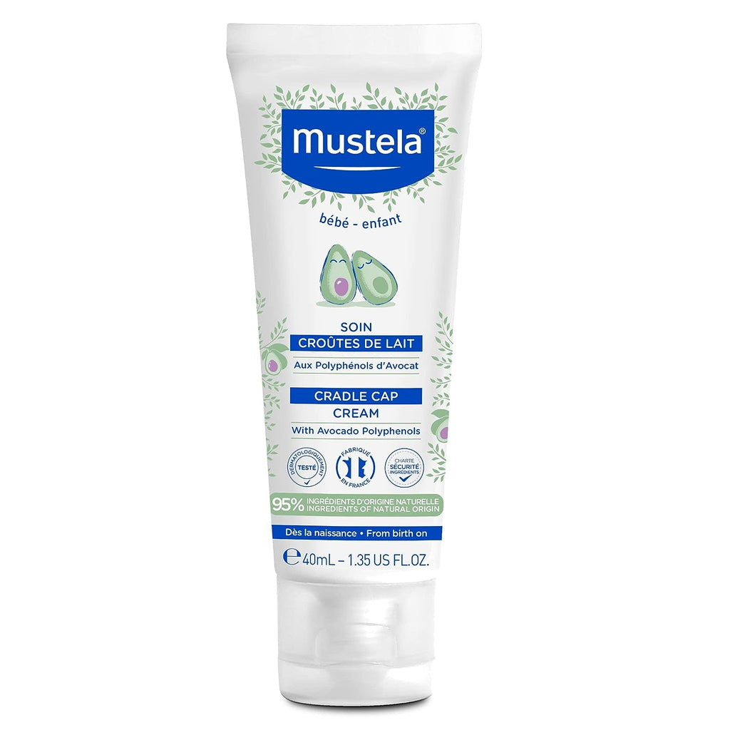 Mustela Baby Cradle Cap Cream front view with natural avocado illustration.