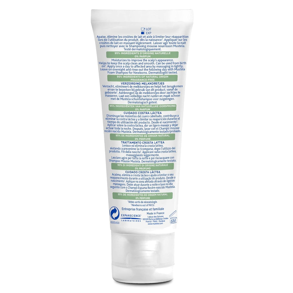 Back view of Mustela Cradle Cap Cream with application instructions and natural ingredients list.