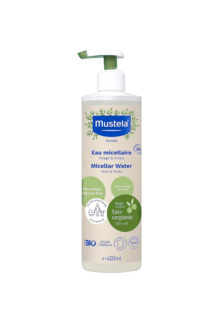 Front view of Mustela Organic Micellar Water showcasing the product's features and capacity.