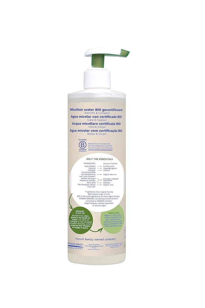 Back view of Mustela Organic Micellar Cleansing Water with instructions and ingredient list