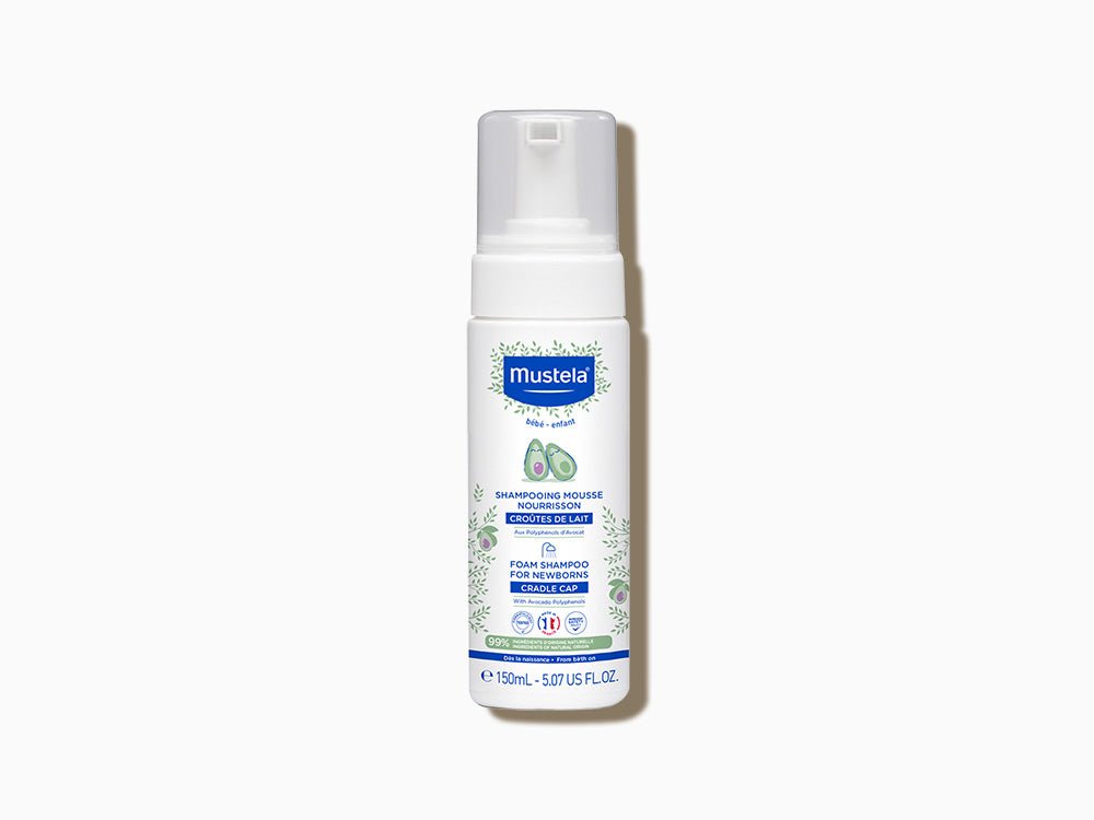 Mustela foam shampoo with natural Avocado Polyphenols highlighted for delicate scalp care