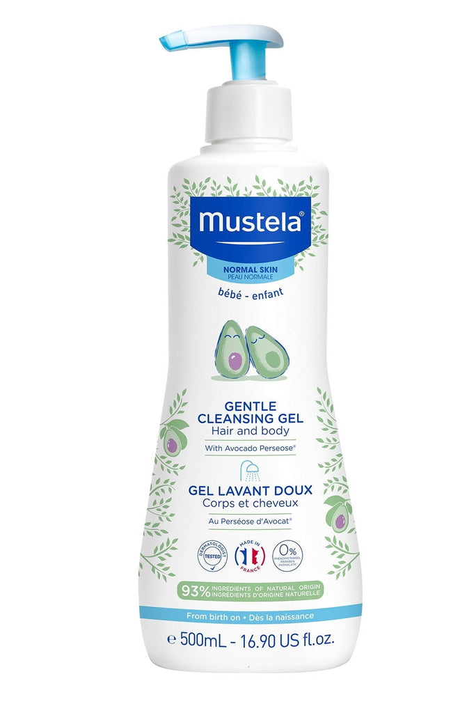 Front view of Mustela Gentle Cleansing Gel featuring avocado ingredient and product benefits
