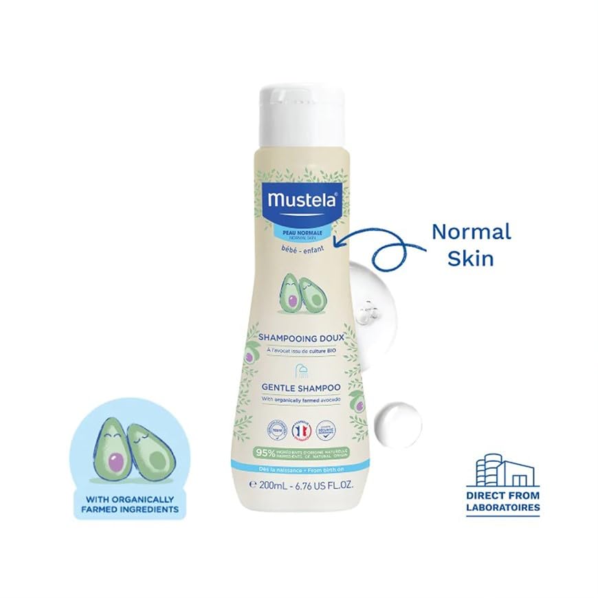 Detailed image of Mustela Gentle Baby Shampoo with emphasis on the biodegradable and detangling benefits.
