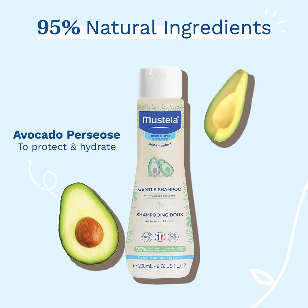 Artistic display of Mustela Gentle Baby Shampoo with avocado illustrations signifying natural ingredients