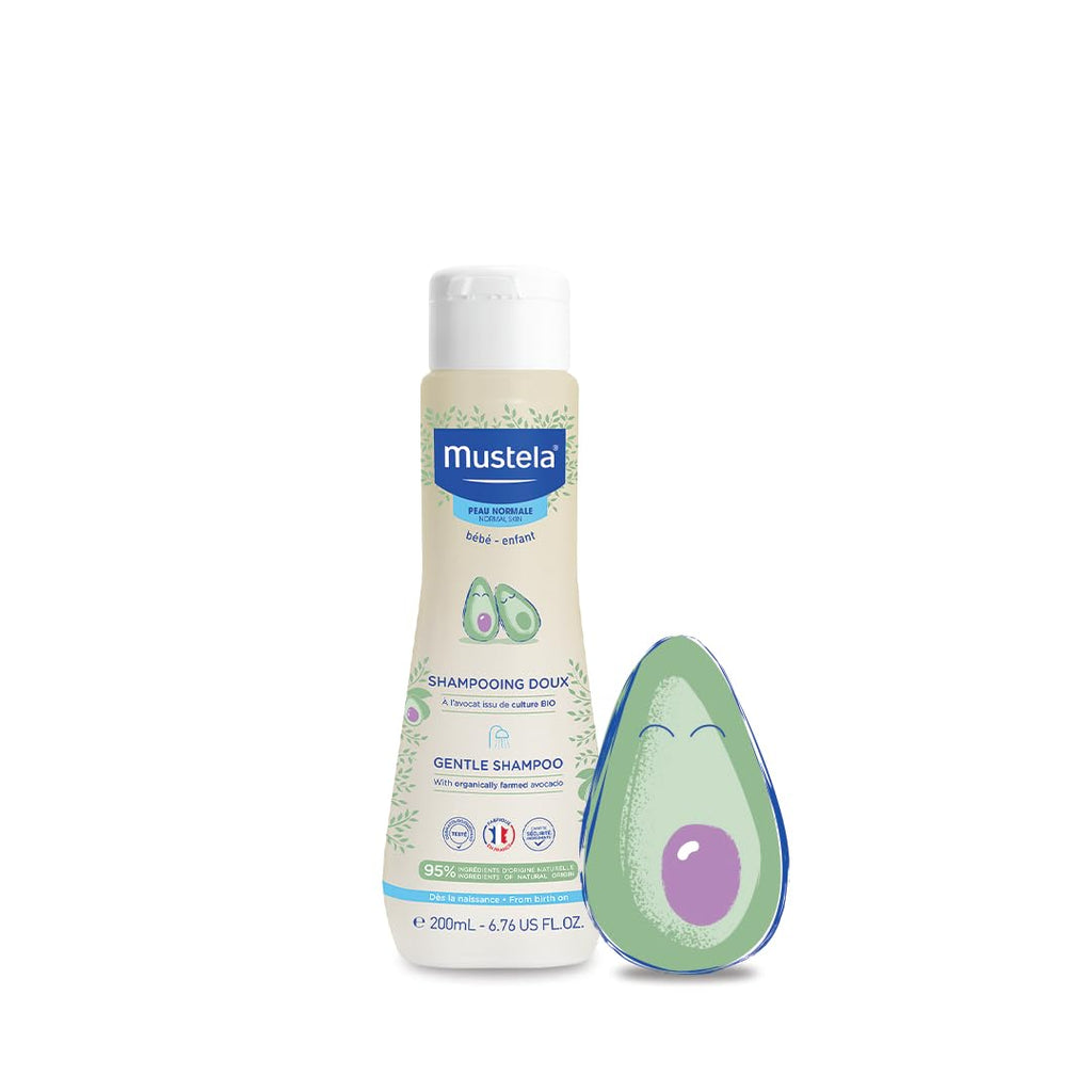 Front view of Mustela Gentle Baby Shampoo showcasing the product with avocado graphics and gentle baby scent
