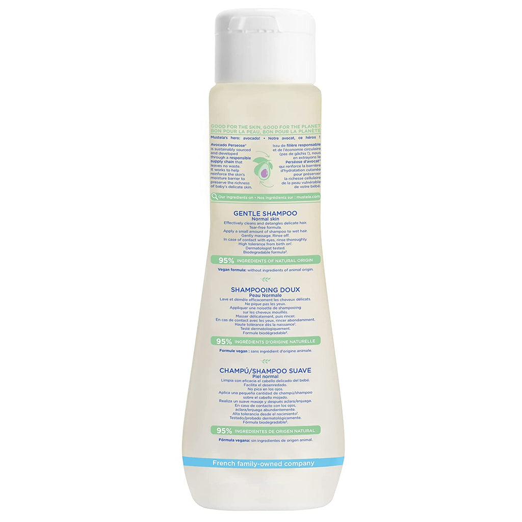 Back label of Mustela Gentle Baby Shampoo detailing natural ingredients and hypoallergenic benefits