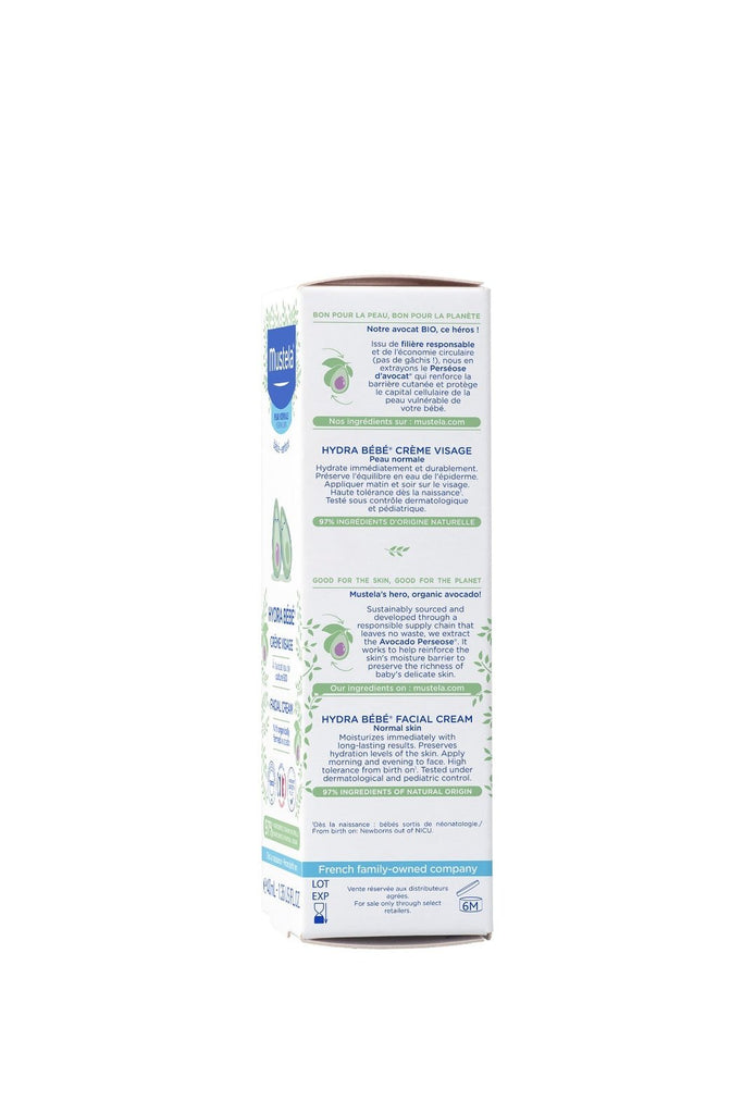Side view of Mustela Hydra Bebe Facial Cream box displaying product benefits and certifications