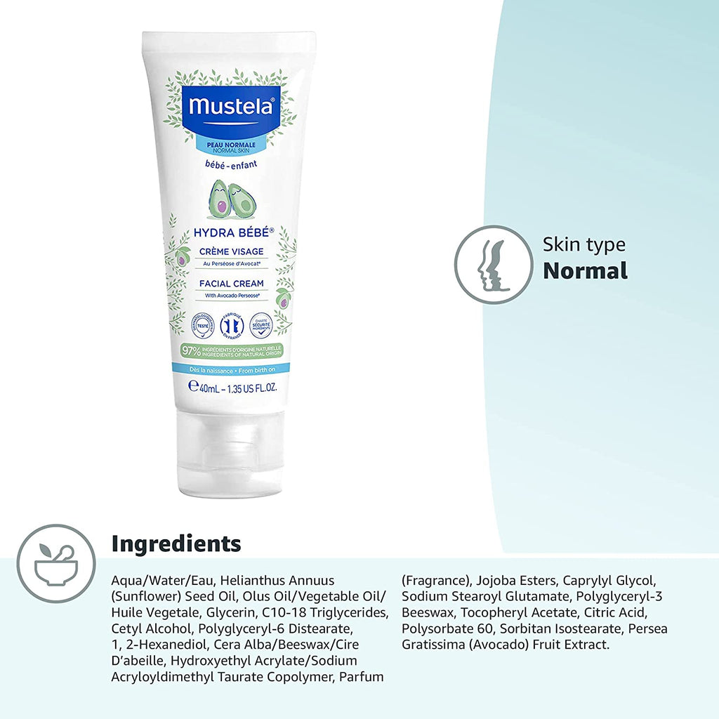 Ingredient list and product information for Mustela Hydra Bebe Facial Cream