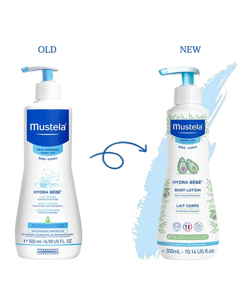Mustela Hydra Bebe Body Lotion comparison image, old vs new packaging