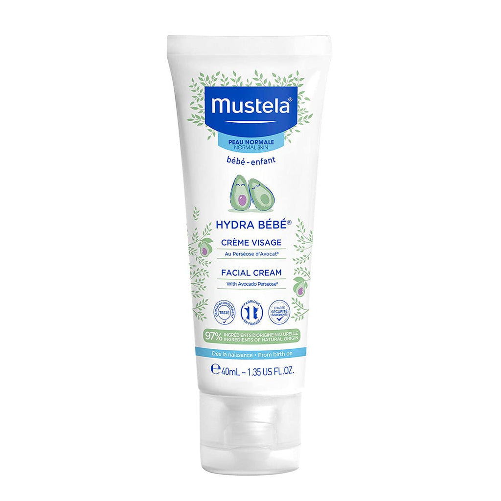 Mustela Hydra Bebe Facial Cream 40ml with almond and shea butter scent in a white tube