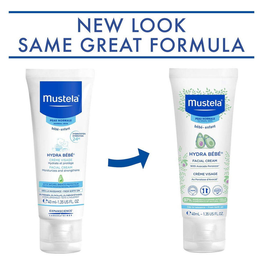 Comparison image showing the new and previous packaging of Mustela Hydra Bebe Facial Cream