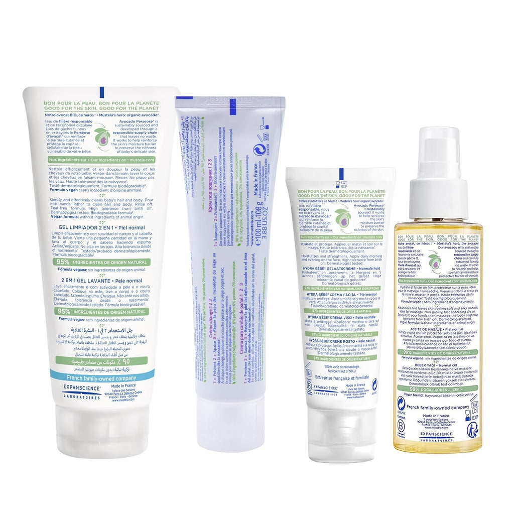 Rear view of Mustela Infant Delight Package, showing detailed information and ingredients for informed skincare choices