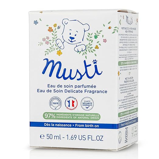 Mustela Musti Baby Cologne in its packaging, showcasing the product's details and natural ingredients.