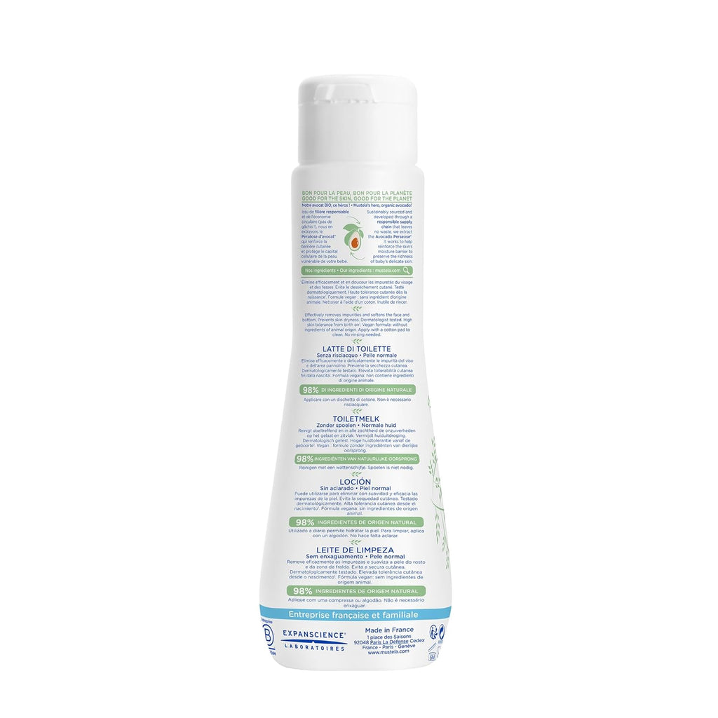 Back view of Mustela No-Rinse Cleansing Milk, detailing the ingredient list and usage instructions