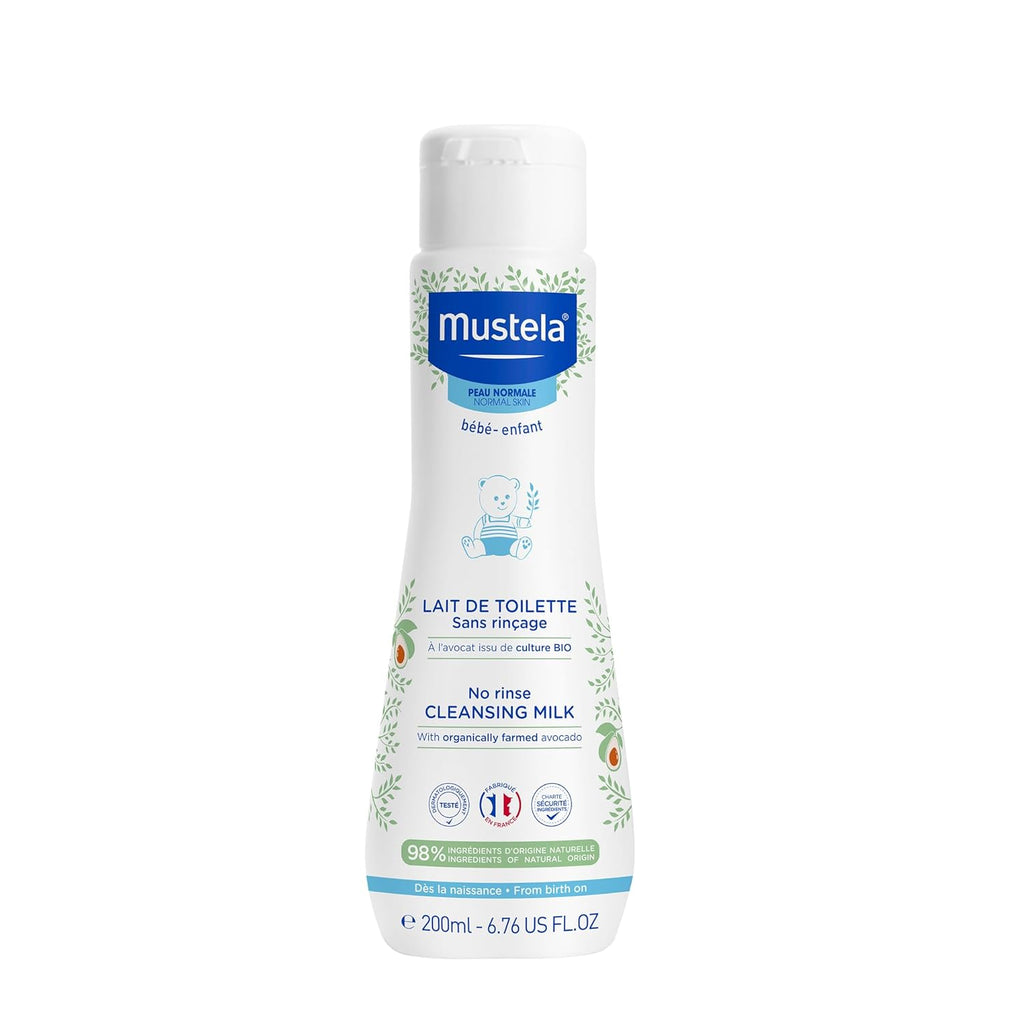 Top view of Mustela No-Rinse Cleansing Milk bottle highlighting the no-rinse, easy-use feature