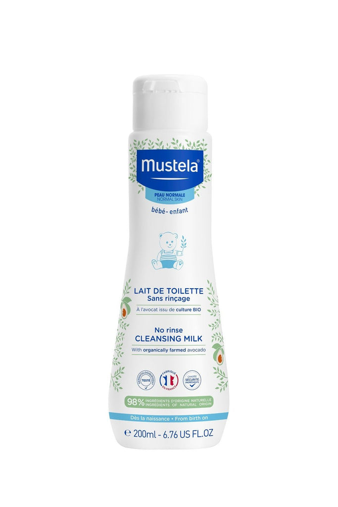 Front view of Mustela No Rinse Cleansing Milk showing the logo, natural avocado, and product volume.