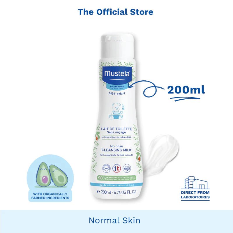 Detail view of Mustela No Rinse Cleansing Milk highlighting the organic and biodegradable features.