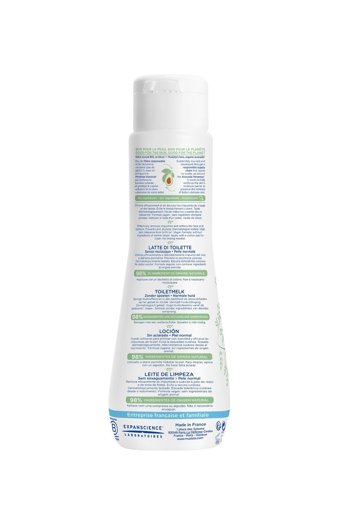 Back view of Mustela No Rinse Cleansing Milk displaying product information and instructions