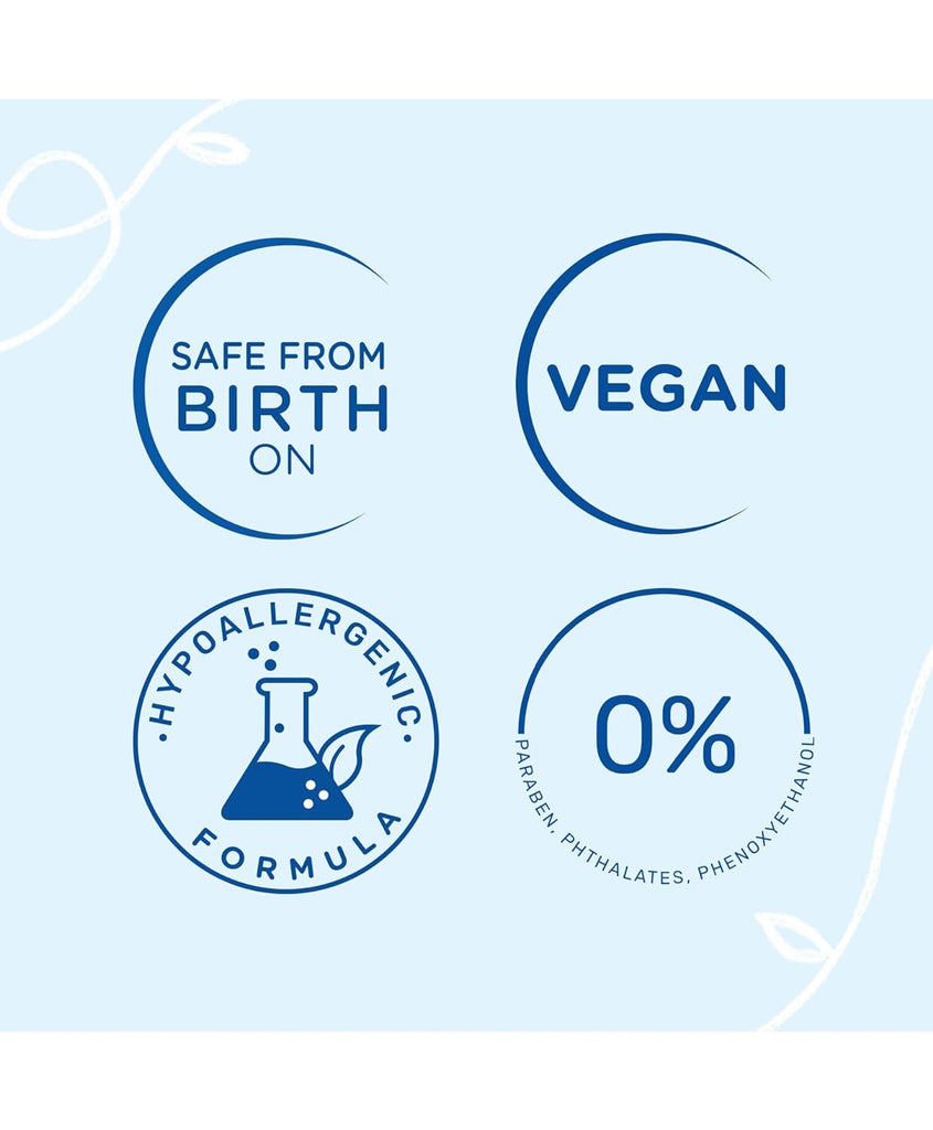 Graphic detailing the hypoallergenic, vegan, and paraben-free nature of Mustela No Rinse Cleansing Water