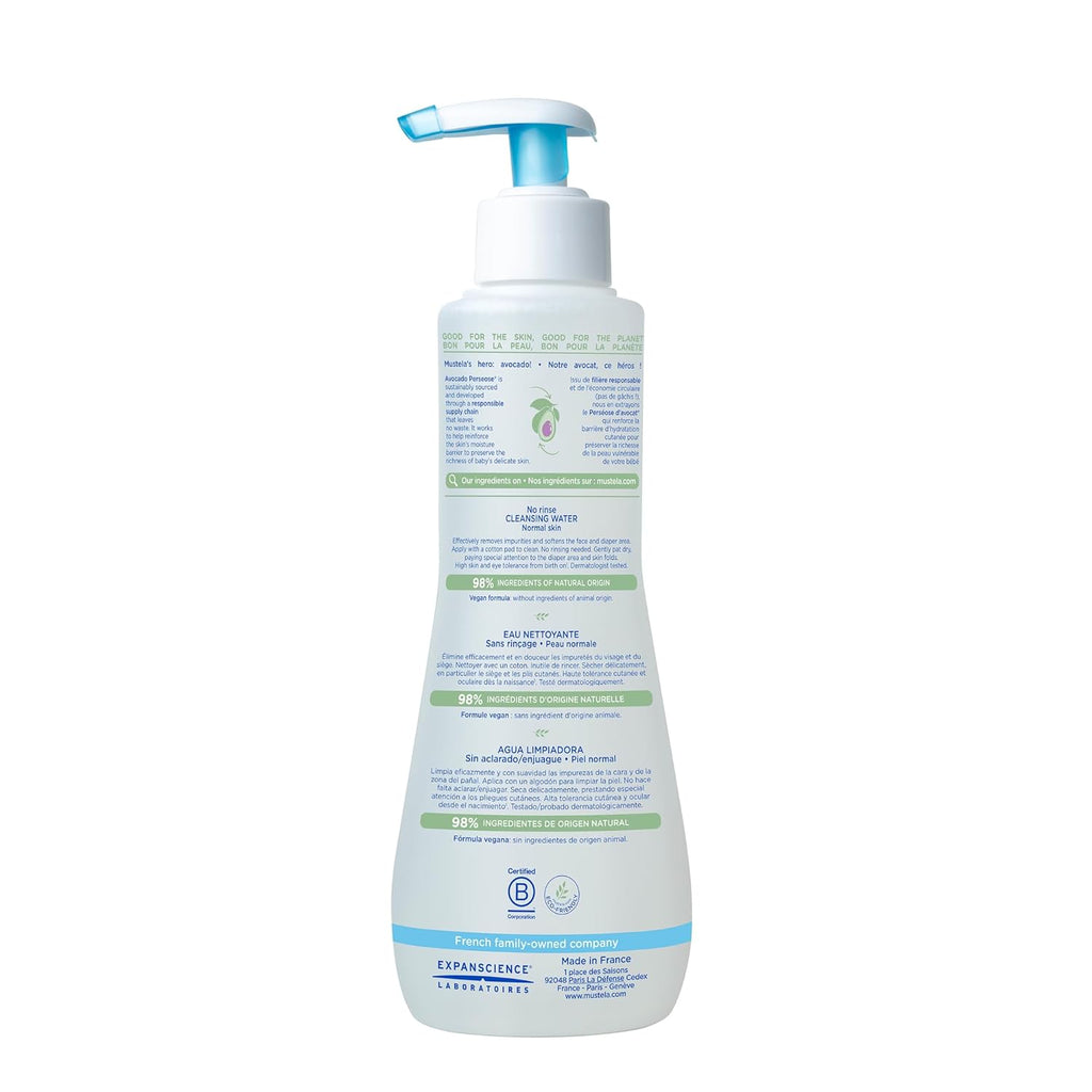 Back view of Mustela No Rinse Cleansing Water bottle detailing usage instructions and ingredients