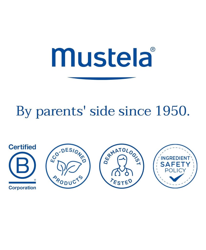 Branding detail of Mustela No Rinse Cleansing Water showing eco-design and dermatologist testing