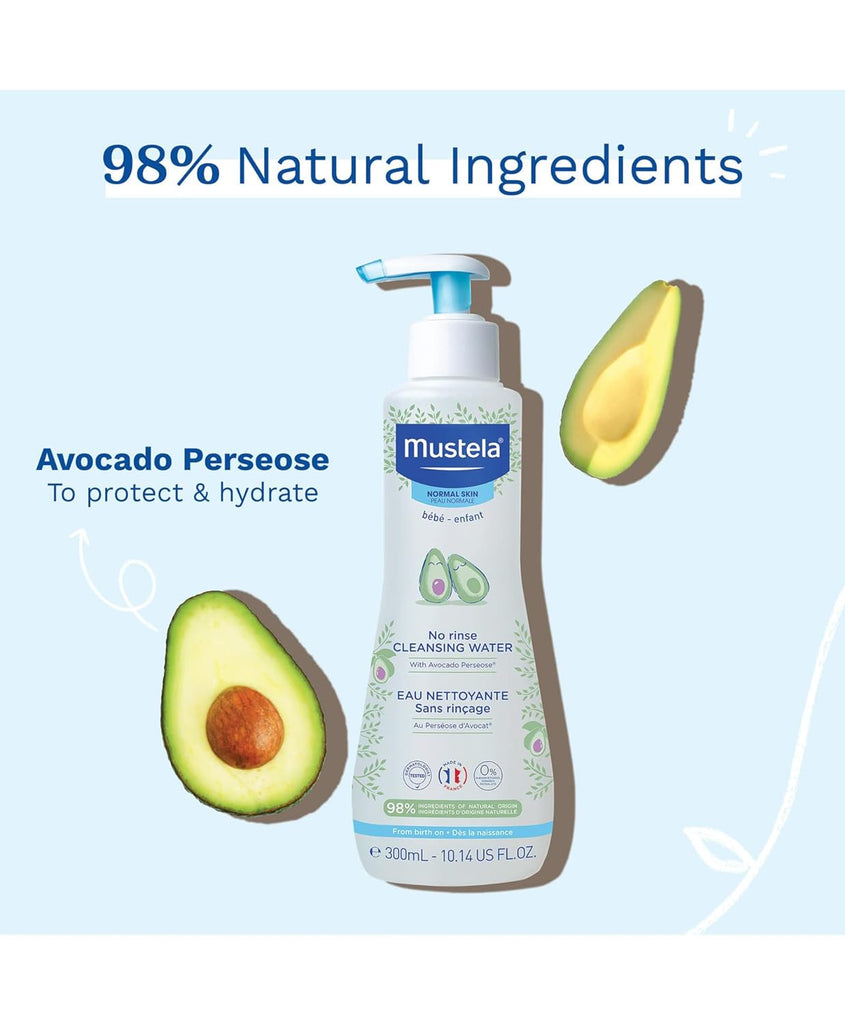 Stylized image showcasing Mustela No Rinse Cleansing Water with natural avocado