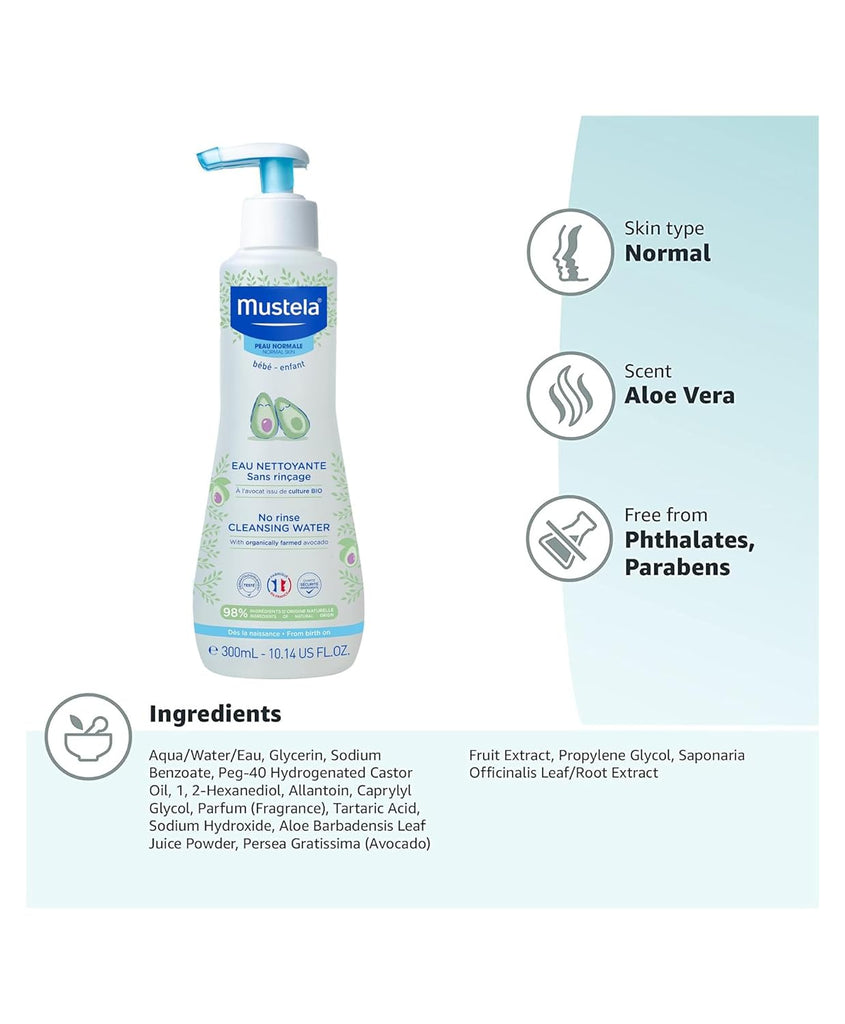Informative graphic of Mustela No Rinse Cleansing Water's natural ingredients and benefits