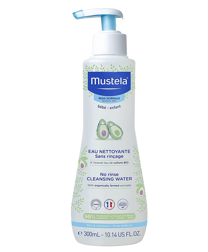 Front view of Mustela No Rinse Cleansing Water bottle emphasizing the product's suitability for normal skin