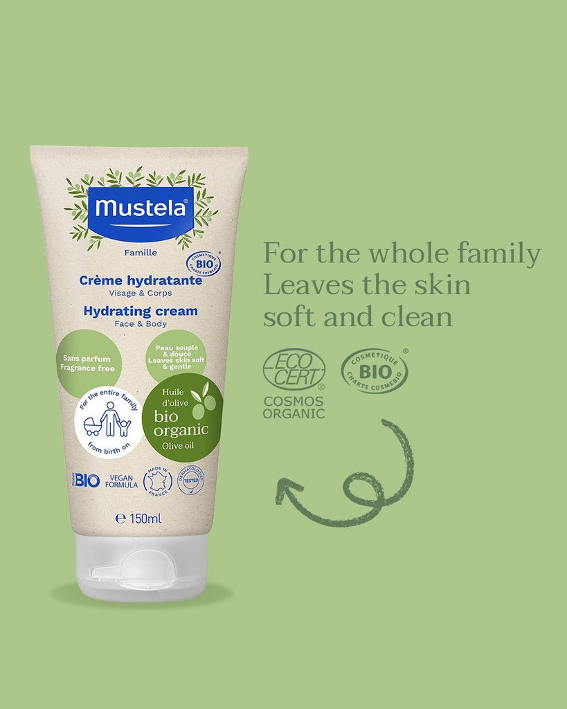 Mustela's eco-friendly and organic cream packaging highlighting natural ingredients