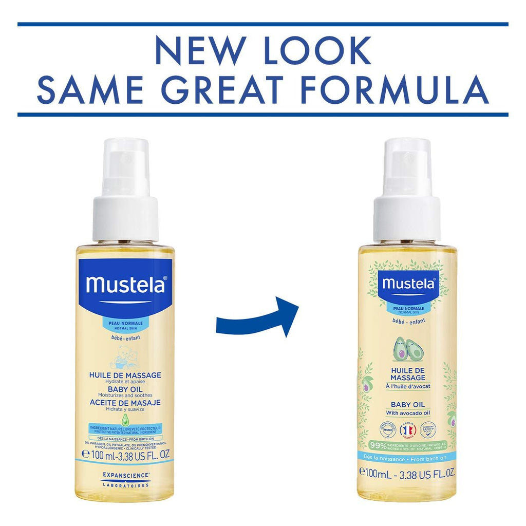 Comparison of Old and New Packaging of Mustela Baby Oil