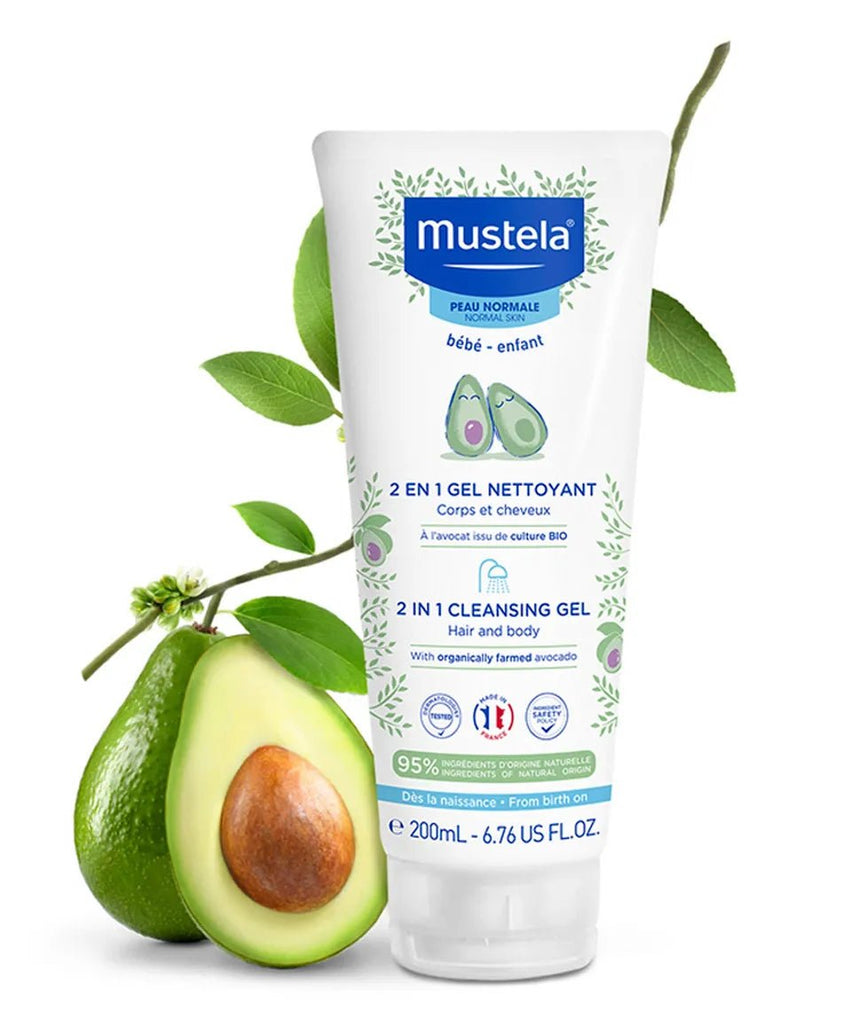 Mustela Hair and Body Wash bottle with natural avocado illustration and product features.
