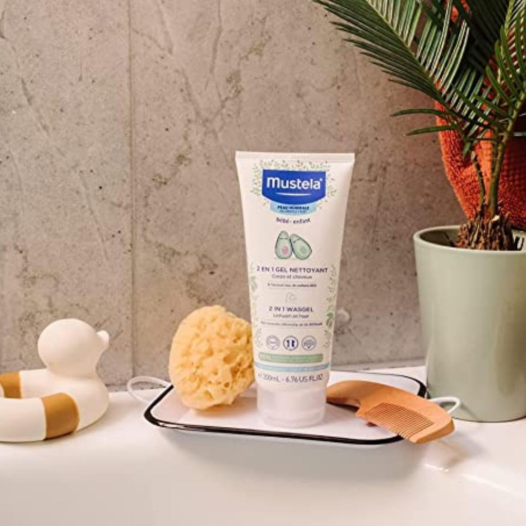 Informative display of Mustela Hair and Body Wash features including avocado extract and natural ingredients.