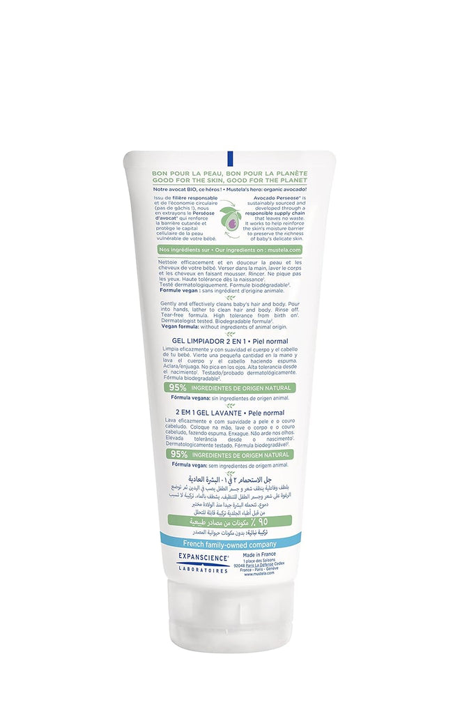 Back view of Mustela Hair and Body Wash tube with detailed product information and usage instructions